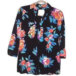MAEVE Woodland Walk Black Floral Button Down 3/4 Sleeve Top